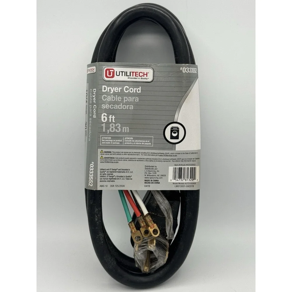 Utilitech Dryer Cord 6 ft 4 Prong Plug 10/4 Gauge 30 AMP 0333552